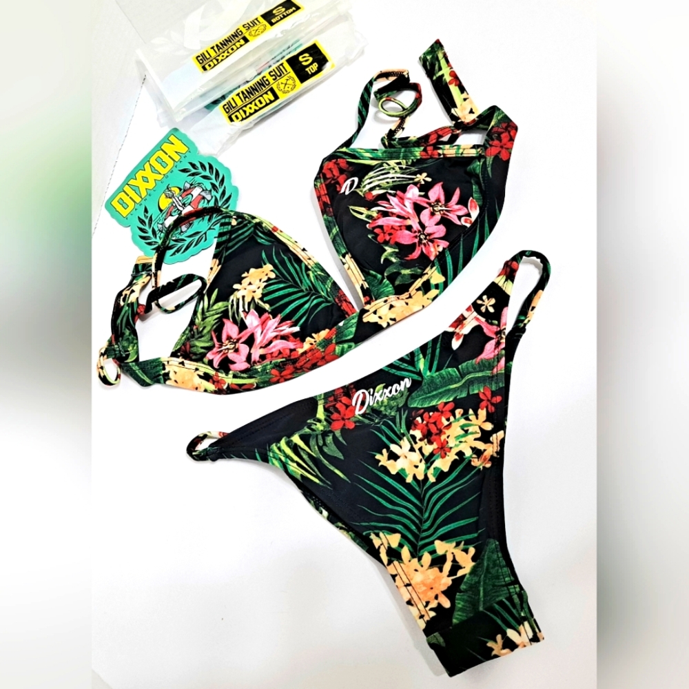 NWT DIXXON Tropical Floral Black Cheeky Bikini Set Size Small